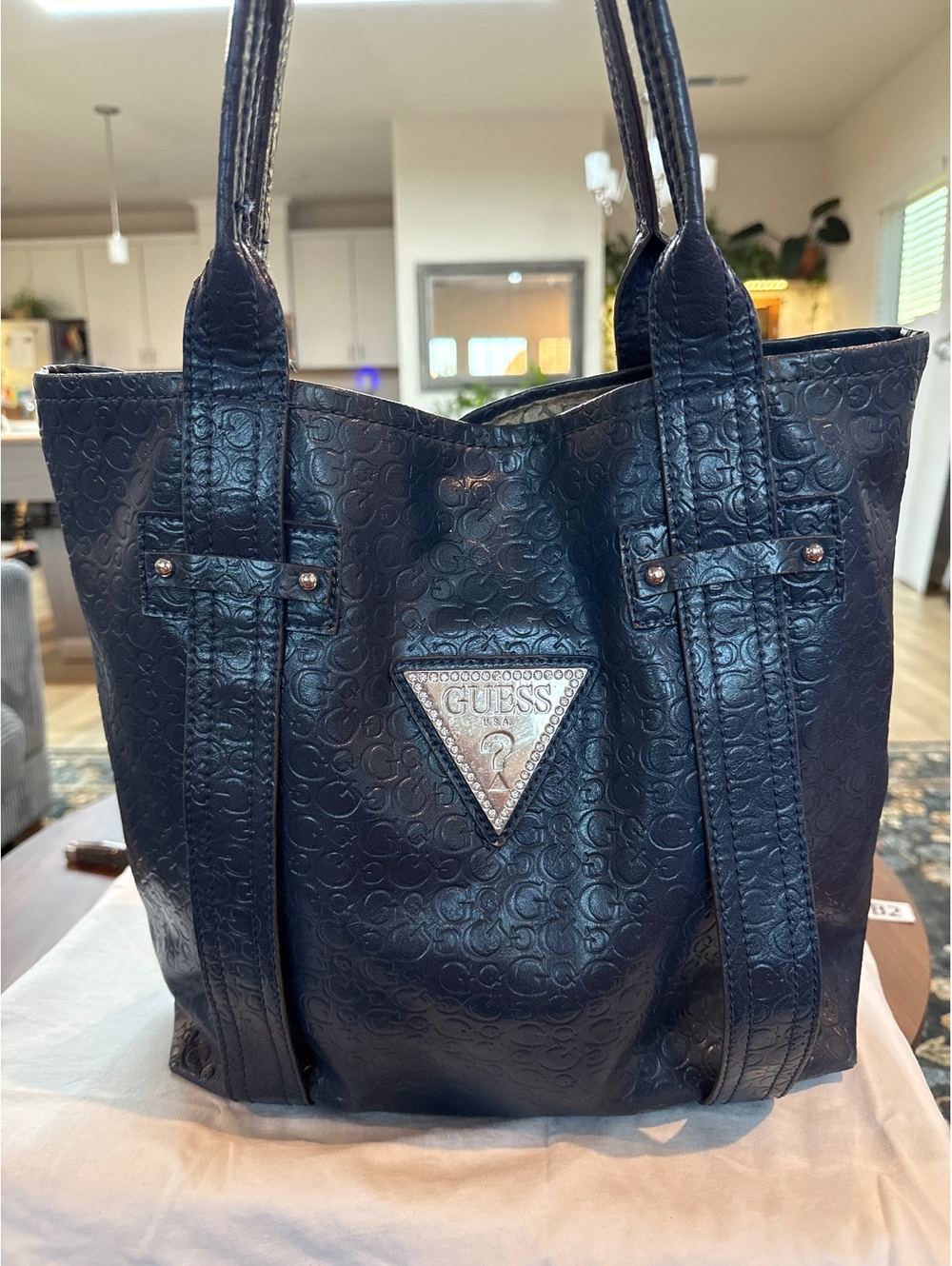 Guess Navy Blue Embossed Leather Tote Bag with Rhinestone Logo